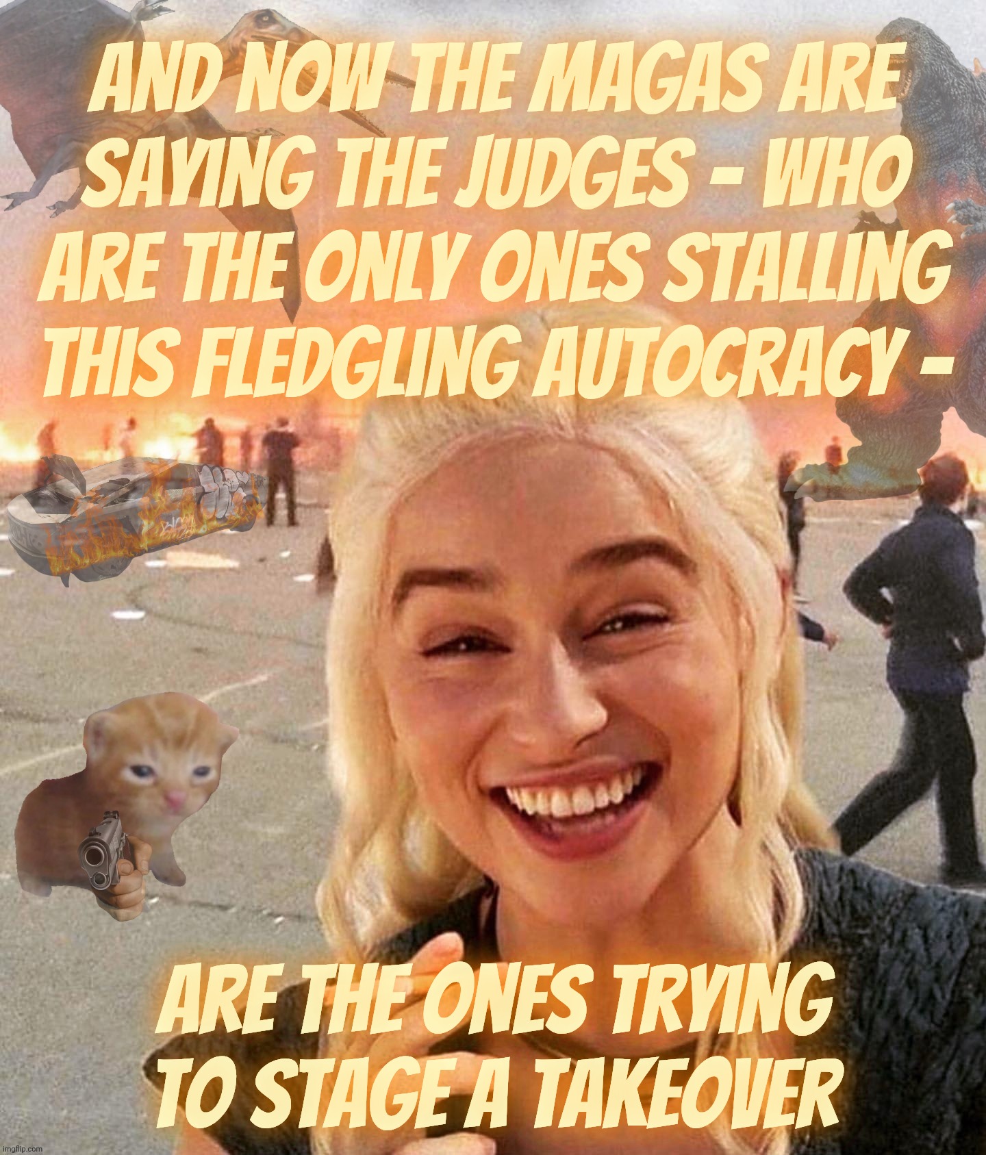 Magabots targeting the only ones doing anything to stop this festering fascist bacillus from taking over | And now the MAGAs are
saying the judges - who
are the only ones stalling
this fledgling autocracy -; Are the ones trying to stage a takeover | image tagged in disaster smoker gal kitchen sink edition,magabots,maga shills,the fascist incursion,judges standing in the way of tyranny,thanks | made w/ Imgflip meme maker