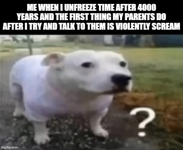 How does it feel, knowing that you've driven an entire species insane? | ME WHEN I UNFREEZE TIME AFTER 4000 YEARS AND THE FIRST THING MY PARENTS DO AFTER I TRY AND TALK TO THEM IS VIOLENTLY SCREAM | made w/ Imgflip meme maker