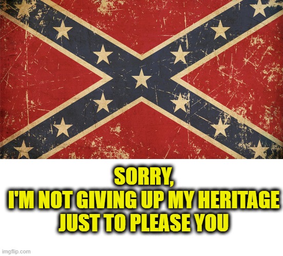 Southern Pride | SORRY,
I'M NOT GIVING UP MY HERITAGE
JUST TO PLEASE YOU | image tagged in southern | made w/ Imgflip meme maker