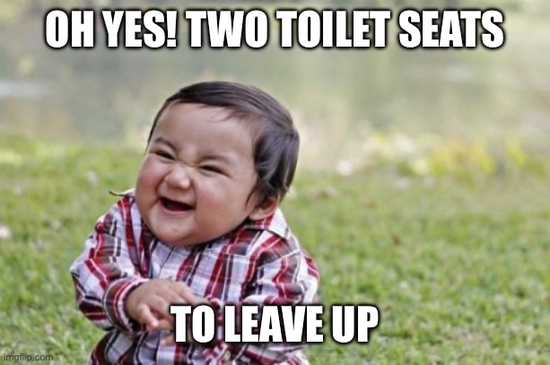 Evil Toddler Meme | OH YES! TWO TOILET SEATS TO LEAVE UP | image tagged in memes,evil toddler | made w/ Imgflip meme maker