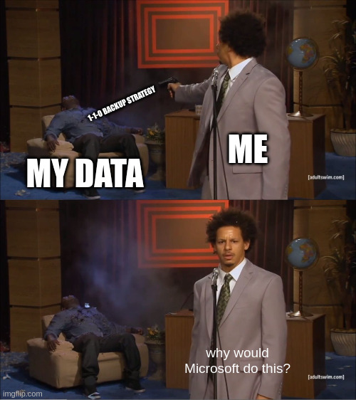 Who Killed Hannibal Meme | 1-1-0 BACKUP STRATEGY; ME; MY DATA; why would Microsoft do this? | image tagged in memes,who killed hannibal | made w/ Imgflip meme maker