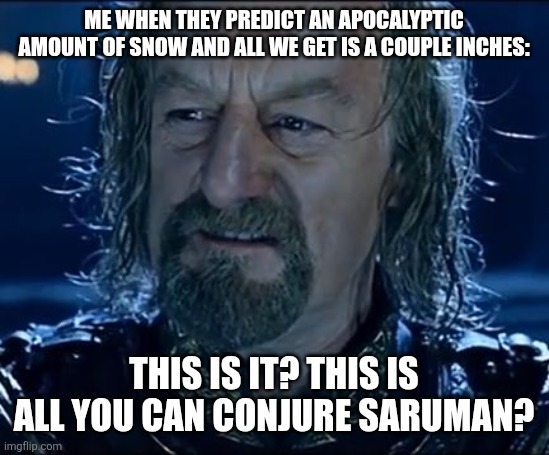Theoden is this it? | ME WHEN THEY PREDICT AN APOCALYPTIC AMOUNT OF SNOW AND ALL WE GET IS A COUPLE INCHES:; THIS IS IT? THIS IS ALL YOU CAN CONJURE SARUMAN? | image tagged in theoden is this it | made w/ Imgflip meme maker