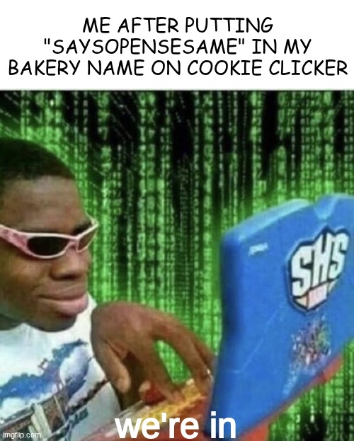 Ryan Beckford | ME AFTER PUTTING "SAYSOPENSESAME" IN MY BAKERY NAME ON COOKIE CLICKER; we're in | image tagged in ryan beckford | made w/ Imgflip meme maker