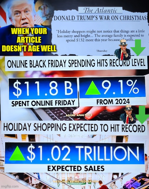 When tariffs support online Black Friday and Holiday Shopping Sales | WHEN YOUR ARTICLE DOESN'T AGE WELL | image tagged in tariffs,economy,holiday shopping,black friday,black friday matters,trump | made w/ Imgflip meme maker