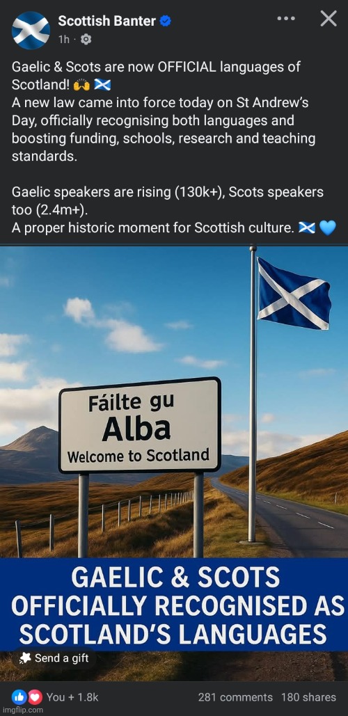 Naidheachdan iongantach. Tha an t-àm ann spèis a thoirt do ar daoine mar sin. | image tagged in scotland | made w/ Imgflip meme maker