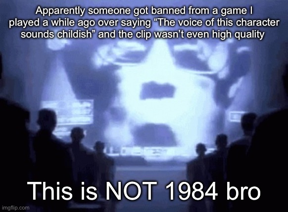 Sensitive ass devs | Apparently someone got banned from a game I played a while ago over saying “The voice of this character sounds childish” and the clip wasn’t even high quality; This is NOT 1984 bro | image tagged in 1984 gif | made w/ Imgflip meme maker