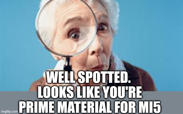 Old lady magnifying glass | WELL SPOTTED. 
LOOKS LIKE YOU'RE PRIME MATERIAL FOR MI5 | image tagged in old lady magnifying glass | made w/ Imgflip meme maker