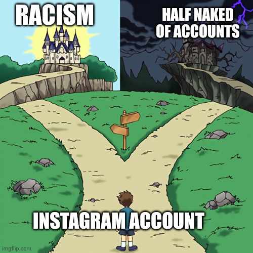 only two options | RACISM; HALF NAKED OF ACCOUNTS; INSTAGRAM ACCOUNT | image tagged in two castles | made w/ Imgflip meme maker