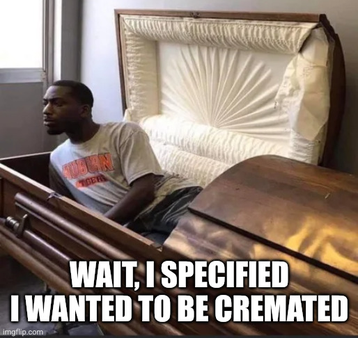 Coffin | WAIT, I SPECIFIED I WANTED TO BE CREMATED | image tagged in coffin | made w/ Imgflip meme maker