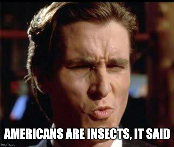 AMERICANS ARE INSECTS, IT SAID | image tagged in christian bale ooh | made w/ Imgflip meme maker