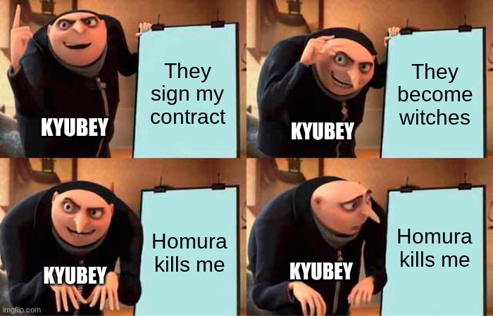 Gru's Plan | They sign my contract; They become witches; KYUBEY; KYUBEY; Homura kills me; Homura kills me; KYUBEY; KYUBEY | image tagged in memes,gru's plan,puella magi madoka magica,kyubey | made w/ Imgflip meme maker