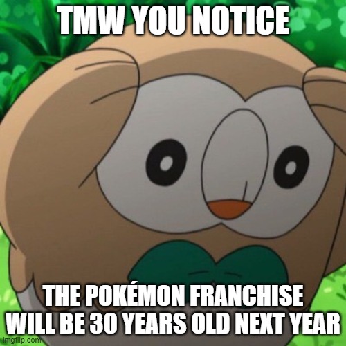 feel old yet? | TMW YOU NOTICE; THE POKÉMON FRANCHISE WILL BE 30 YEARS OLD NEXT YEAR | image tagged in rowlet meme template,pokemon,aging,memes,how,what | made w/ Imgflip meme maker
