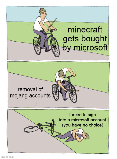 Bike Fall | minecraft gets bought by microsoft; removal of mojang accounts; forced to sign into a microsoft account (you have no choice) | image tagged in memes,bike fall | made w/ Imgflip meme maker