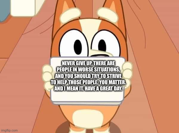Bluey Bingo sign | NEVER GIVE UP. THERE ARE PEOPLE IN WORSE SITUATIONS, AND YOU SHOULD TRY TO STRIVE TO HELP THOSE PEOPLE. YOU MATTER. AND I MEAN IT. HAVE A GREAT DAY. | image tagged in bluey bingo sign | made w/ Imgflip meme maker