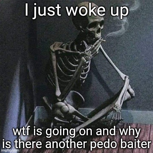 can't even go one day without another guy pretending they're into kids | I just woke up; wtf is going on and why is there another pedo baiter | image tagged in skeleton smoke | made w/ Imgflip meme maker