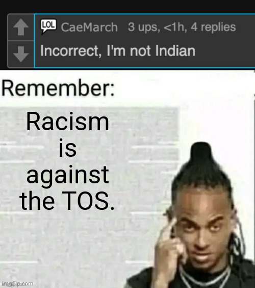 Racism is against the TOS. | image tagged in remember | made w/ Imgflip meme maker