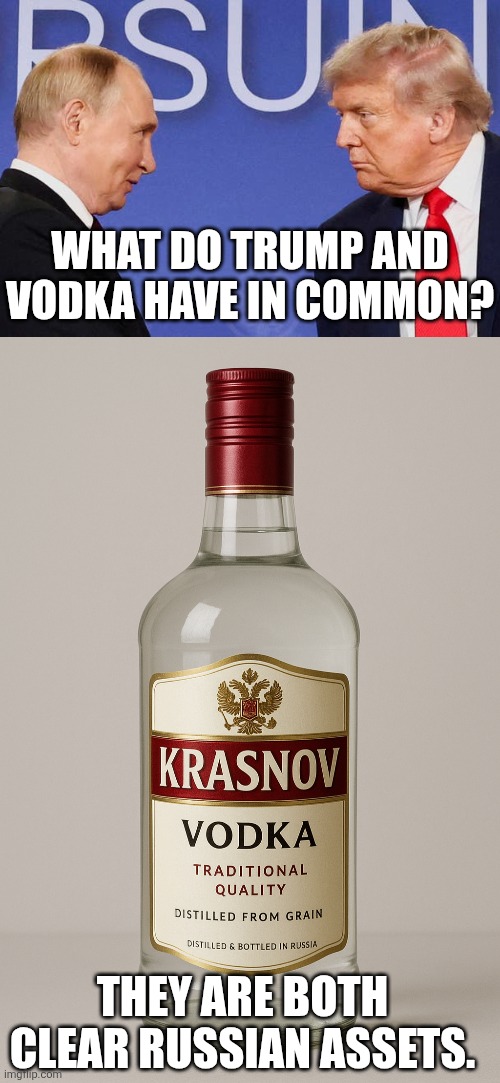 WHAT DO TRUMP AND VODKA HAVE IN COMMON? THEY ARE BOTH CLEAR RUSSIAN ASSETS. | image tagged in free | made w/ Imgflip meme maker
