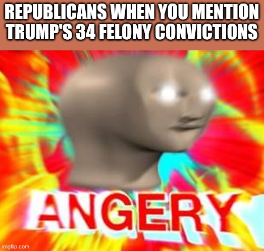 not very tremendous of you, Donny. | REPUBLICANS WHEN YOU MENTION TRUMP'S 34 FELONY CONVICTIONS | image tagged in surreal angery | made w/ Imgflip meme maker