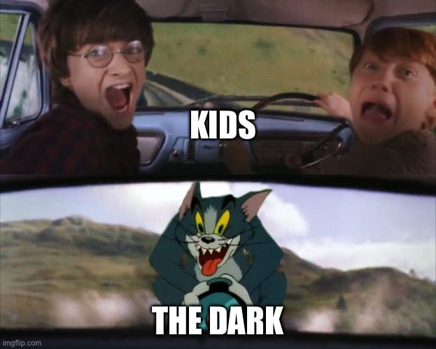 Run! | KIDS; THE DARK | image tagged in harry potter tom train | made w/ Imgflip meme maker