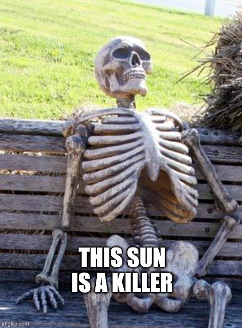 This sun tho | THIS SUN IS A KILLER | image tagged in memes,waiting skeleton | made w/ Imgflip meme maker