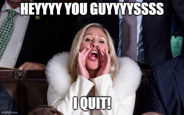 MTG Gone | HEYYYY YOU GUYYYYSSSS; I QUIT! | image tagged in marjorie taylor greene | made w/ Imgflip meme maker