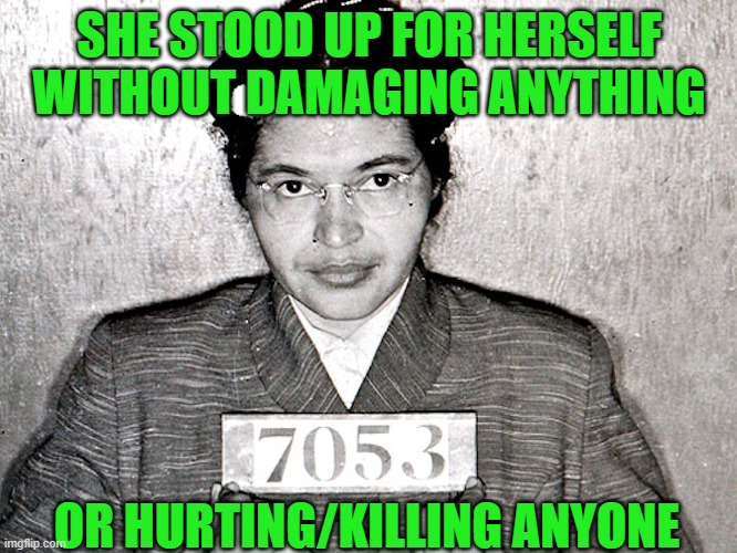 She knew the right way to stand up for herself | SHE STOOD UP FOR HERSELF
WITHOUT DAMAGING ANYTHING; OR HURTING/KILLING ANYONE | image tagged in rosa parks,civil rights,bus boycott,mug shot,standing up for yourself,morals | made w/ Imgflip meme maker
