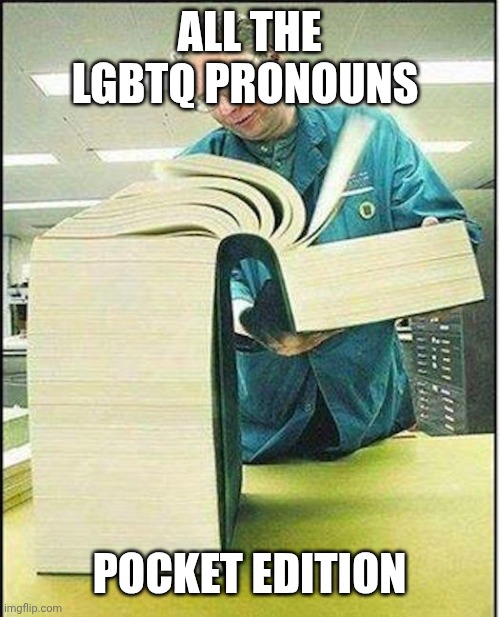 It's the smallest version I could find | ALL THE LGBTQ PRONOUNS; POCKET EDITION | image tagged in big book,lgbtq,stupid liberals,aint nobody got time for that | made w/ Imgflip meme maker