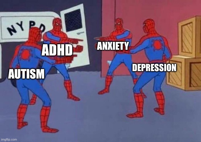 The four horsemen of a weird person | ANXIETY; ADHD; DEPRESSION; AUTISM | image tagged in 4 spiderman pointing at each other | made w/ Imgflip meme maker