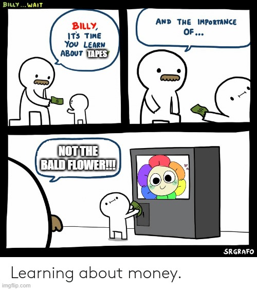 tapes and dandy's shop (mod note: NOOOO DONT YELL AT DANDY HES JUST SILLY) | TAPES; NOT THE BALD FLOWER!!! | image tagged in billy learning about money | made w/ Imgflip meme maker