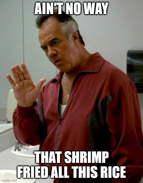 Paulie Sopranos | AIN'T NO WAY; THAT SHRIMP FRIED ALL THIS RICE | image tagged in paulie sopranos | made w/ Imgflip meme maker
