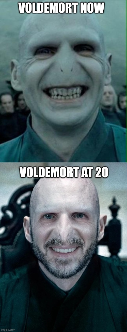 VOLDEMORT NOW; VOLDEMORT AT 20 | image tagged in voldemort grin | made w/ Imgflip meme maker