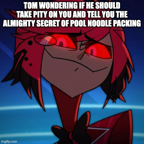 Alastor the diva | TOM WONDERING IF HE SHOULD TAKE PITY ON YOU AND TELL YOU THE ALMIGHTY SECRET OF POOL NOODLE PACKING | image tagged in alastor the diva | made w/ Imgflip meme maker