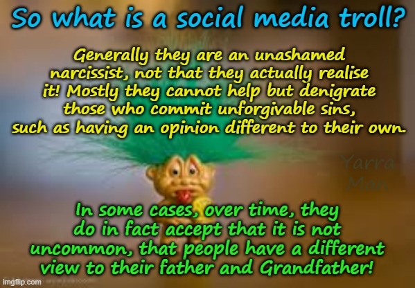 So just what is a Troll? | So what is a social media troll? Generally they are an unashamed narcissist, not that they actually realise it! Mostly they cannot help but denigrate those who commit unforgivable sins, such as having an opinion different to their own. Yarra Man; In some cases, over time, they do in fact accept that it is not uncommon, that people have a different view to their father and Grandfather! | image tagged in self gratification by proxy,virtue signalling woke,far left labor,labour greens teals,democrats,dad dads dad dads dads dad | made w/ Imgflip meme maker