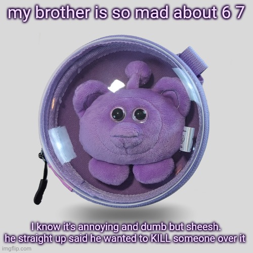 ouioui macaron (purple) | my brother is so mad about 6 7; I know it's annoying and dumb but sheesh.
he straight up said he wanted to KILL someone over it | image tagged in ouioui macaron purple | made w/ Imgflip meme maker