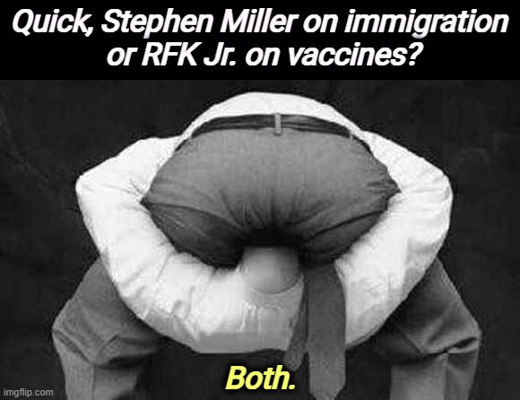Only the very best ***holes. | Quick, Stephen Miller on immigration 
or RFK Jr. on vaccines? Both. | image tagged in head out of ass,trump,stephen miller,rfk jr,disaster | made w/ Imgflip meme maker