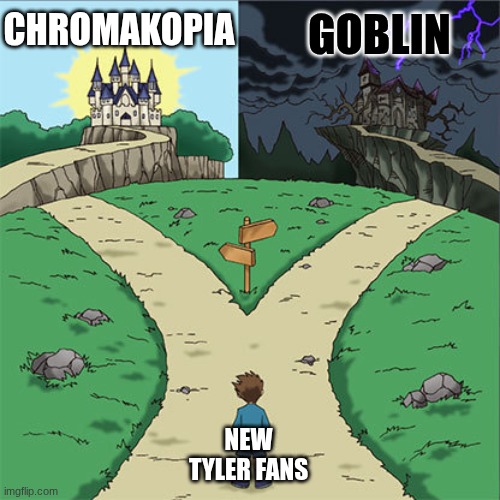 Two Paths | CHROMAKOPIA; GOBLIN; NEW TYLER FANS | image tagged in two paths | made w/ Imgflip meme maker