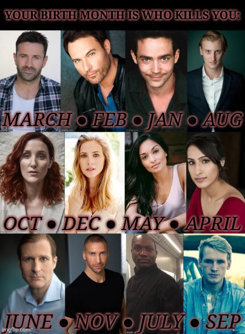 Look For Your's, I'm Too Lazy To Rearrange It | YOUR BIRTH MONTH IS WHO KILLS YOU:; MARCH ● FEB ● JAN ● AUG; OCT ● DEC ● MAY ● APRIL; JUNE ● NOV ● JULY ● SEP | image tagged in tag yourself,british men of letters,supernatural,your birth month,is who kills you,comment to know how cooked you are | made w/ Imgflip meme maker