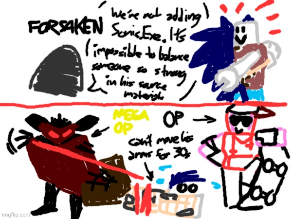 state of forsaken | WE'RE NOT ADDING SONIC.EXE. IT WOULD BE TOO HARD TO ADD SUCH A POWERFUL CHARACTER IN A BALANCED WAY. | image tagged in forsaken,roblox | made w/ Imgflip meme maker
