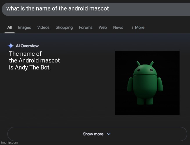 What | what is the name of the android mascot; The name of the Android mascot is Andy The Bot, | image tagged in ai overview | made w/ Imgflip meme maker