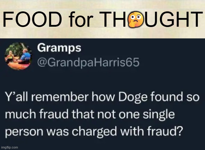 Hmmm | 🤔; FOOD for THOUGHT | image tagged in fraud,waste,abuse,doge,what happened,punishment | made w/ Imgflip meme maker