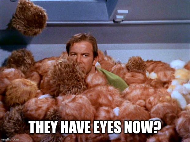THEY HAVE EYES NOW? | image tagged in kirk tribbles | made w/ Imgflip meme maker