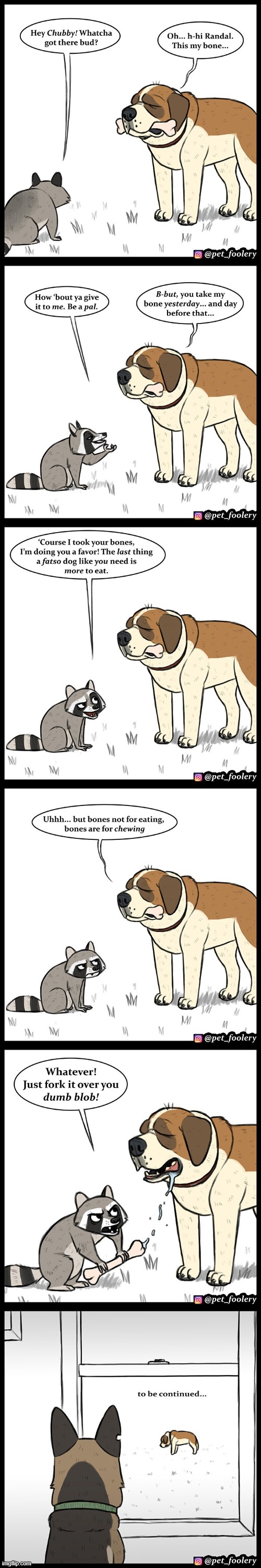 Hugo VS Randal | image tagged in dog,racoon,bone,bully,sadness,dogs | made w/ Imgflip meme maker
