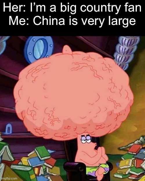 Big brain play | Her: I’m a big country fan
Me: China is very large | image tagged in patrick star big brains,country music,memes,funny memes,funny,relatable | made w/ Imgflip meme maker