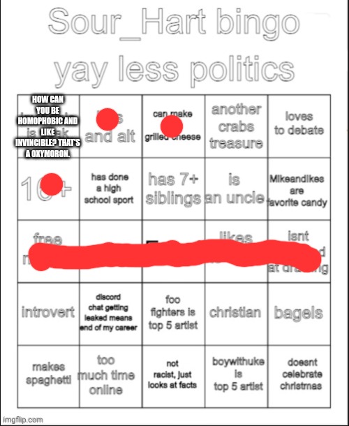 Sour_Hart bingo 2 | HOW CAN YOU BE HOMOPHOBIC AND LIKE INVINCIBLE? THAT'S A OXYMORON. | image tagged in sour_hart bingo 2 | made w/ Imgflip meme maker