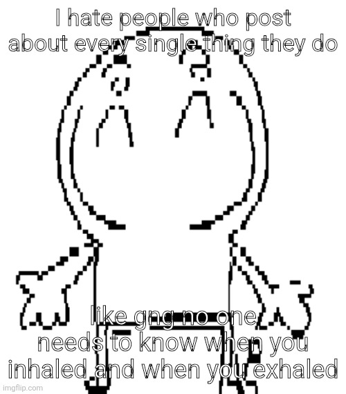 excuse for a new "announcement" temp | I hate people who post about every single thing they do; like gng no one needs to know when you inhaled and when you exhaled | image tagged in excuse for a new announcement temp | made w/ Imgflip meme maker