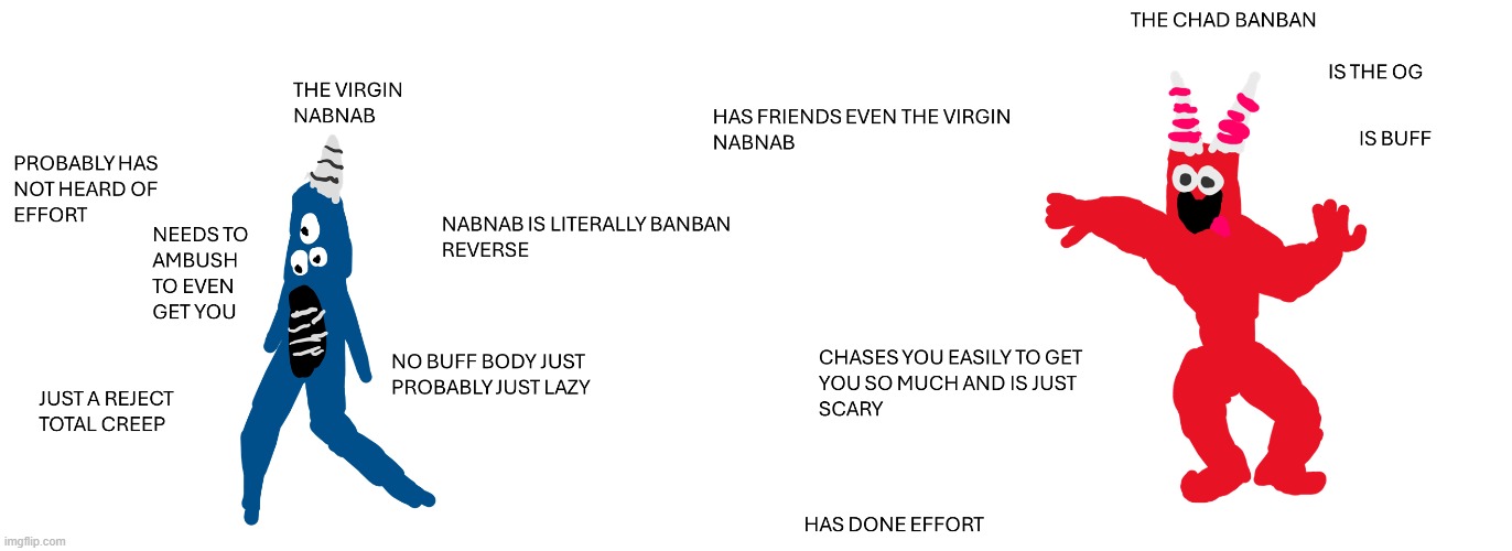 the virgin nabnab vs the chad banban | image tagged in virgin vs chad | made w/ Imgflip meme maker