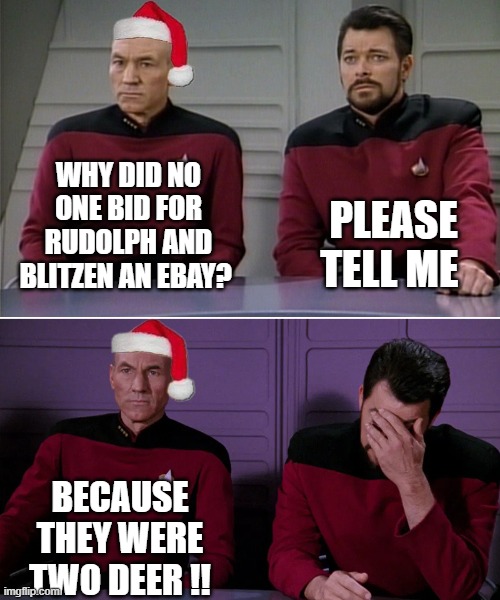 Xmas Picard and Riker | PLEASE TELL ME; WHY DID NO ONE BID FOR RUDOLPH AND BLITZEN AN EBAY? BECAUSE THEY WERE TWO DEER !! | image tagged in funny | made w/ Imgflip meme maker
