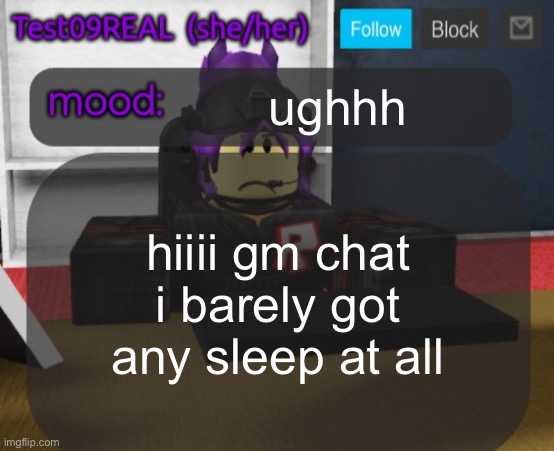 Test09 Jane Doe temp v2 | ughhh; hiiii gm chat i barely got any sleep at all | image tagged in test09 jane doe temp v2 | made w/ Imgflip meme maker