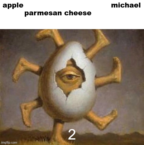 fun is | apple                                      michael
parmesan cheese; 2 | made w/ Imgflip meme maker