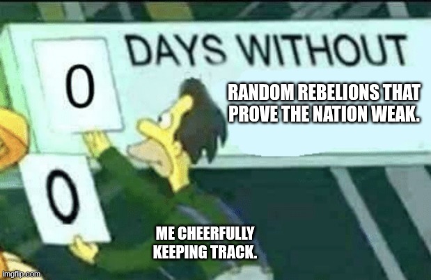 0 days without (Lenny, Simpsons) | RANDOM REBELIONS THAT PROVE THE NATION WEAK. ME CHEERFULLY KEEPING TRACK. | image tagged in 0 days without lenny simpsons | made w/ Imgflip meme maker